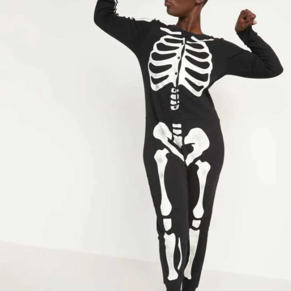 New womens XSP Old Navy Halloween skeleton one piece pajamas glow in the dark - Picture 1 of 6